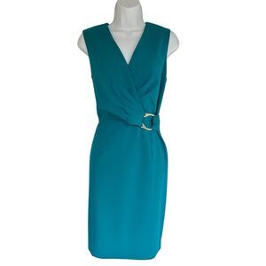 Calvin Klein Women's M Blue Sleeveless Sheath Dress Gold Buckle Workwear